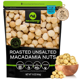 Nut Cravings roasted macadamia nuts no shell in resealable bag for freshness