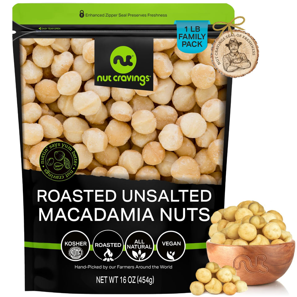 Nut Cravings roasted macadamia nuts no shell in resealable bag for freshness