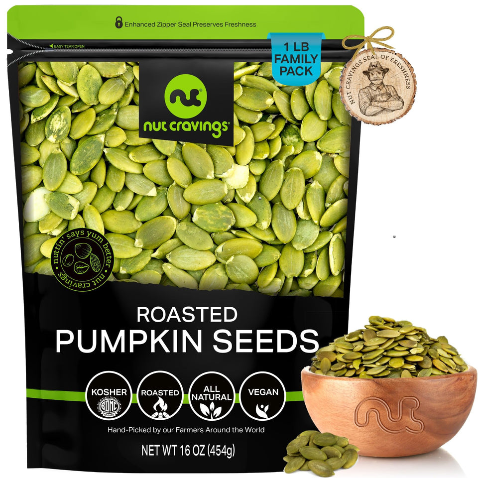 Nut Cravings pumpkin seeds pack shot showing fresh, shell-free snacking option