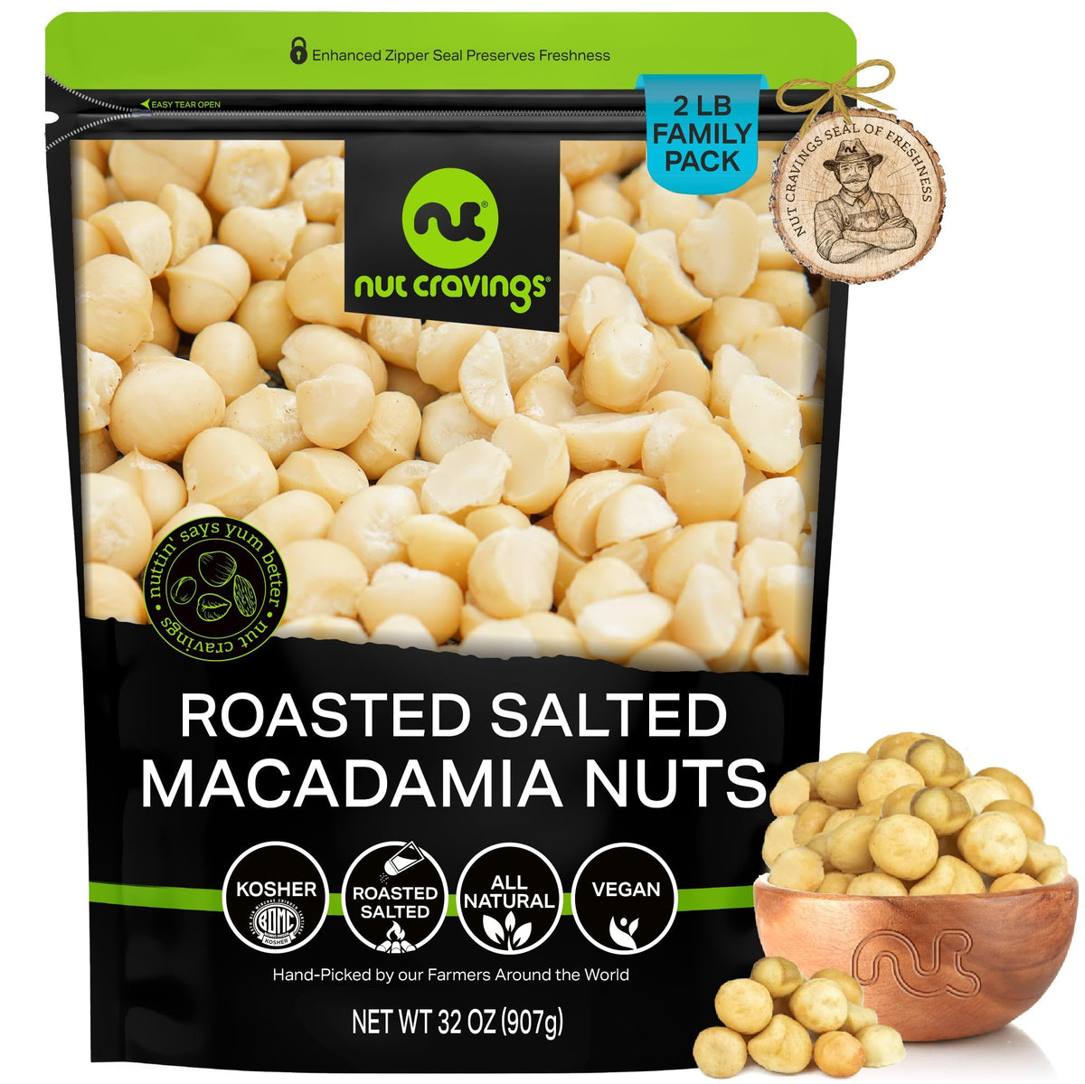 Nut Cravings roasted salted macadamia nuts in bulk bag for easy snacking.
