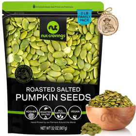 Nut Cravings roasted pumpkin seeds in resealable bag for on-the-go freshness