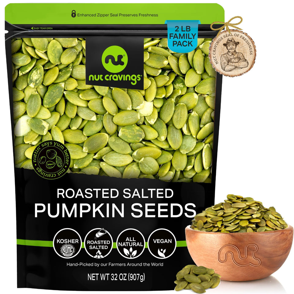 Nut Cravings roasted pumpkin seeds in resealable bag for on-the-go freshness