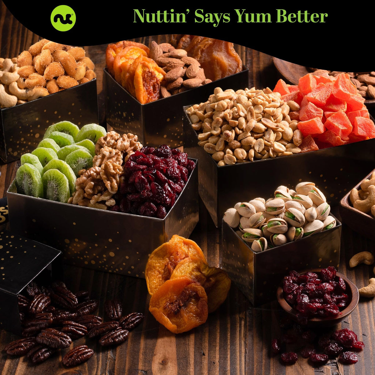Nut Cravings six box tower display showcases varied treats for shareable snacking.