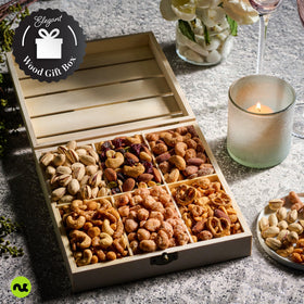 Nut Cravings wooden gift crate highlighting premium presentation.