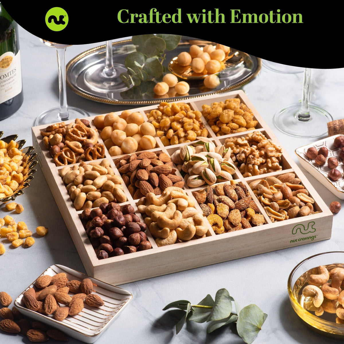 Nut Cravings wooden tray with nuts: premium presentation ideal for sharing gatherings