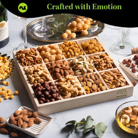 Nut Cravings wooden tray close-up showing elegant reusable serving presentation