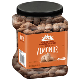 Nut Harvest Cocoa Dusted Almonds jar on a table, ideal for on-the-go snacking.