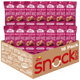 Nut Harvest Deluxe Mixed Nuts bag close-up showcases fresh-roasted flavor and on-the-go snack appeal.