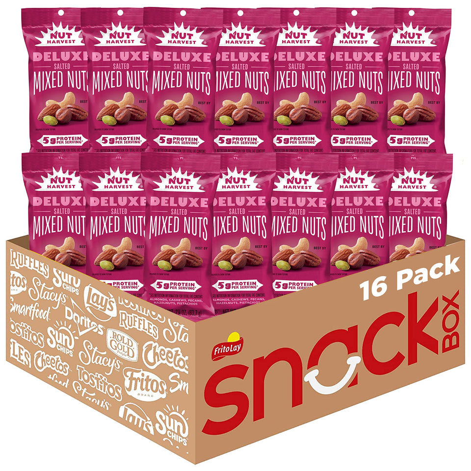 Nut Harvest Deluxe Mixed Nuts bag close-up showcases fresh-roasted flavor and on-the-go snack appeal.