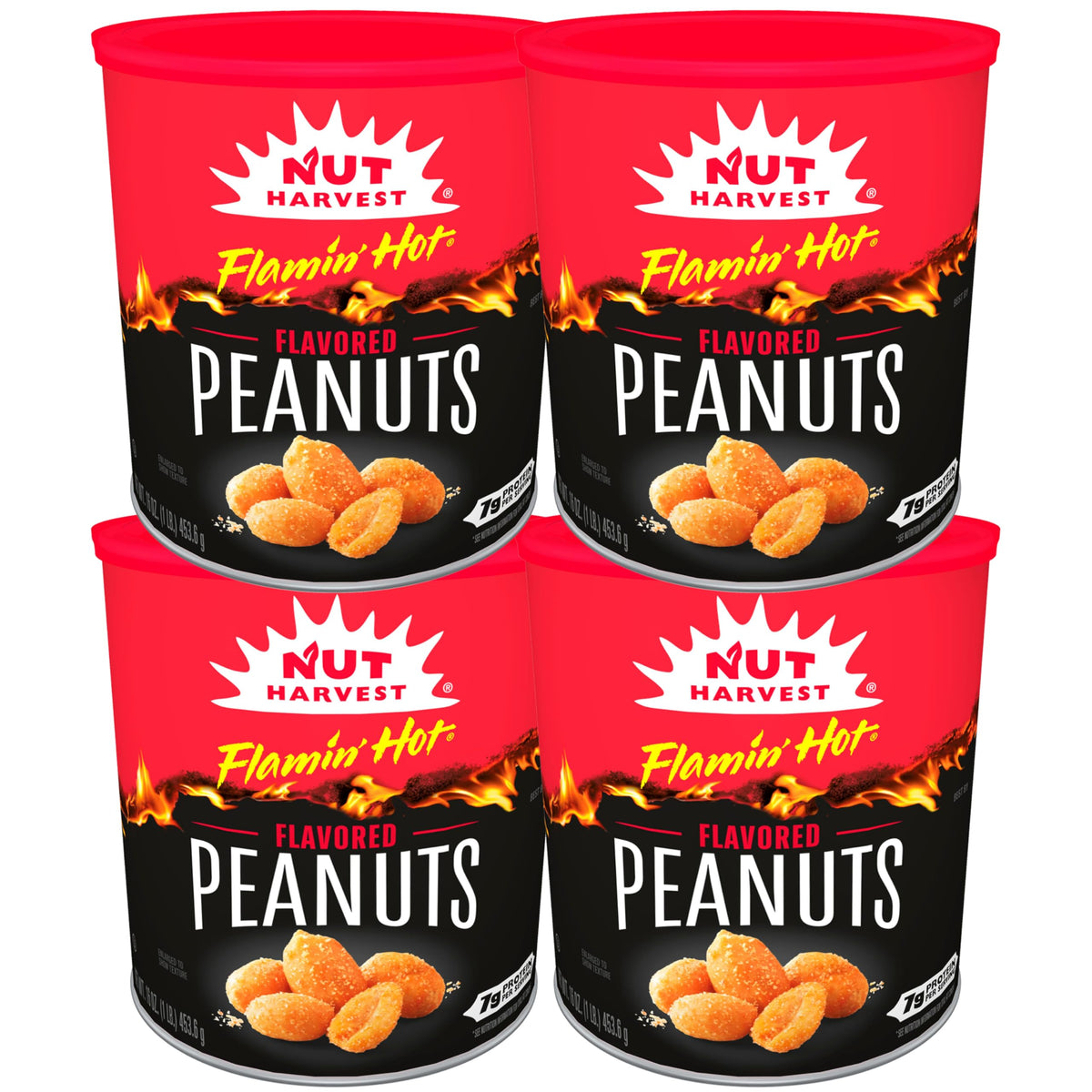 Nut Harvest Flamin' Hot Peanuts 4-pack canisters for convenient on-the-go snacking.
