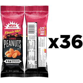 Nut Harvest Flamin' Hot Peanuts bag back view showing seasoning details.
