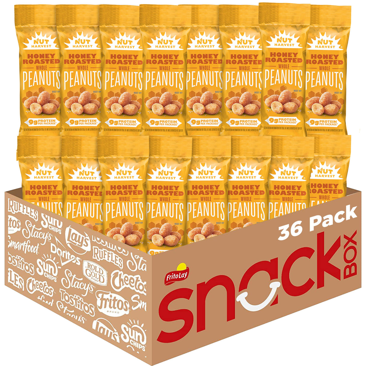 Nut Harvest honey roasted peanuts in a 1.375 oz bag, convenient for busy days