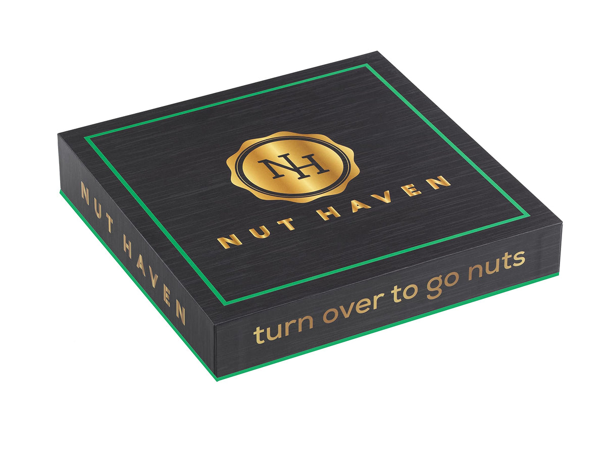 Nut Haven deluxe gift box design with elegant packaging details.
