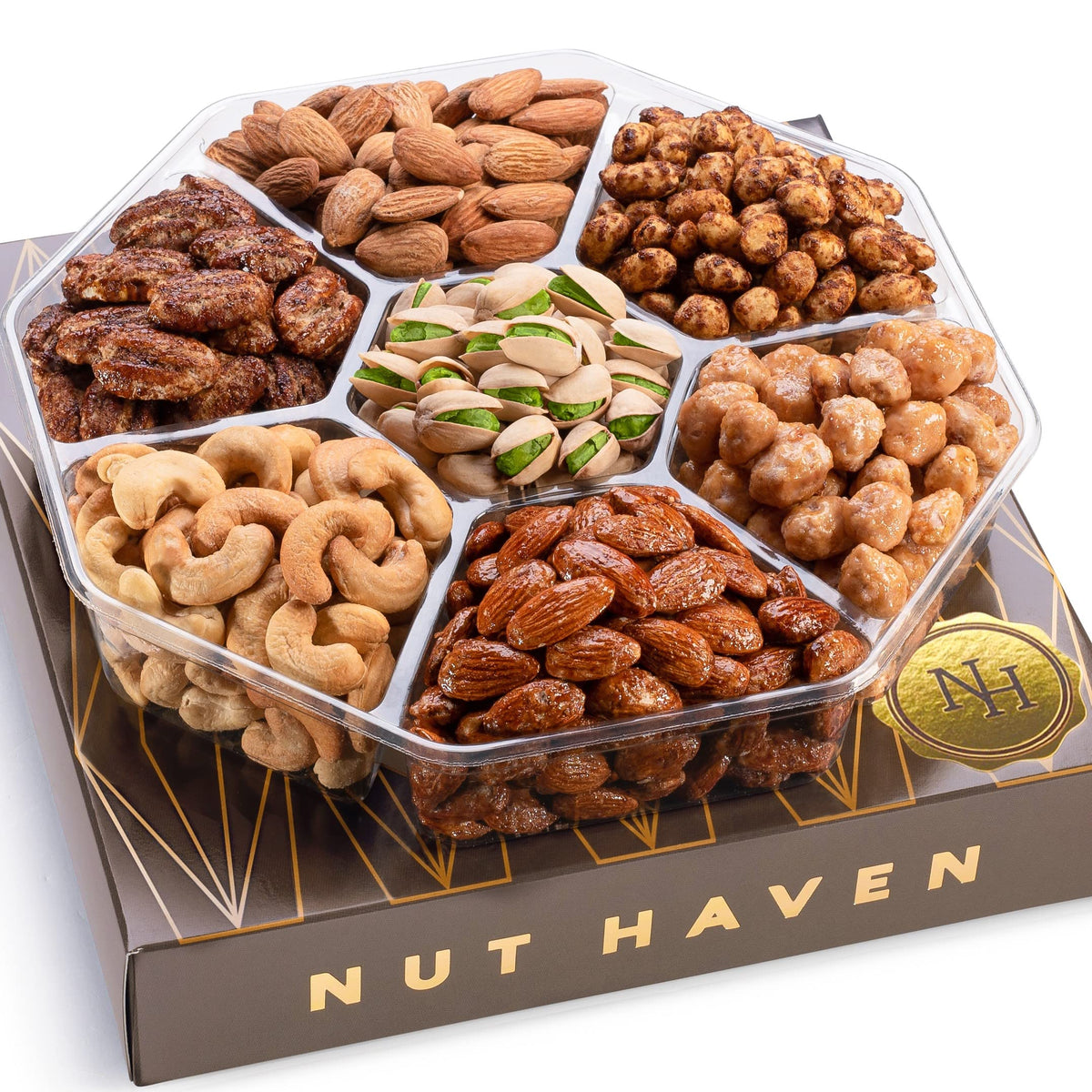 Nut Haven Mothers Day Nuts Gift Basket front view showing elegant packaging.