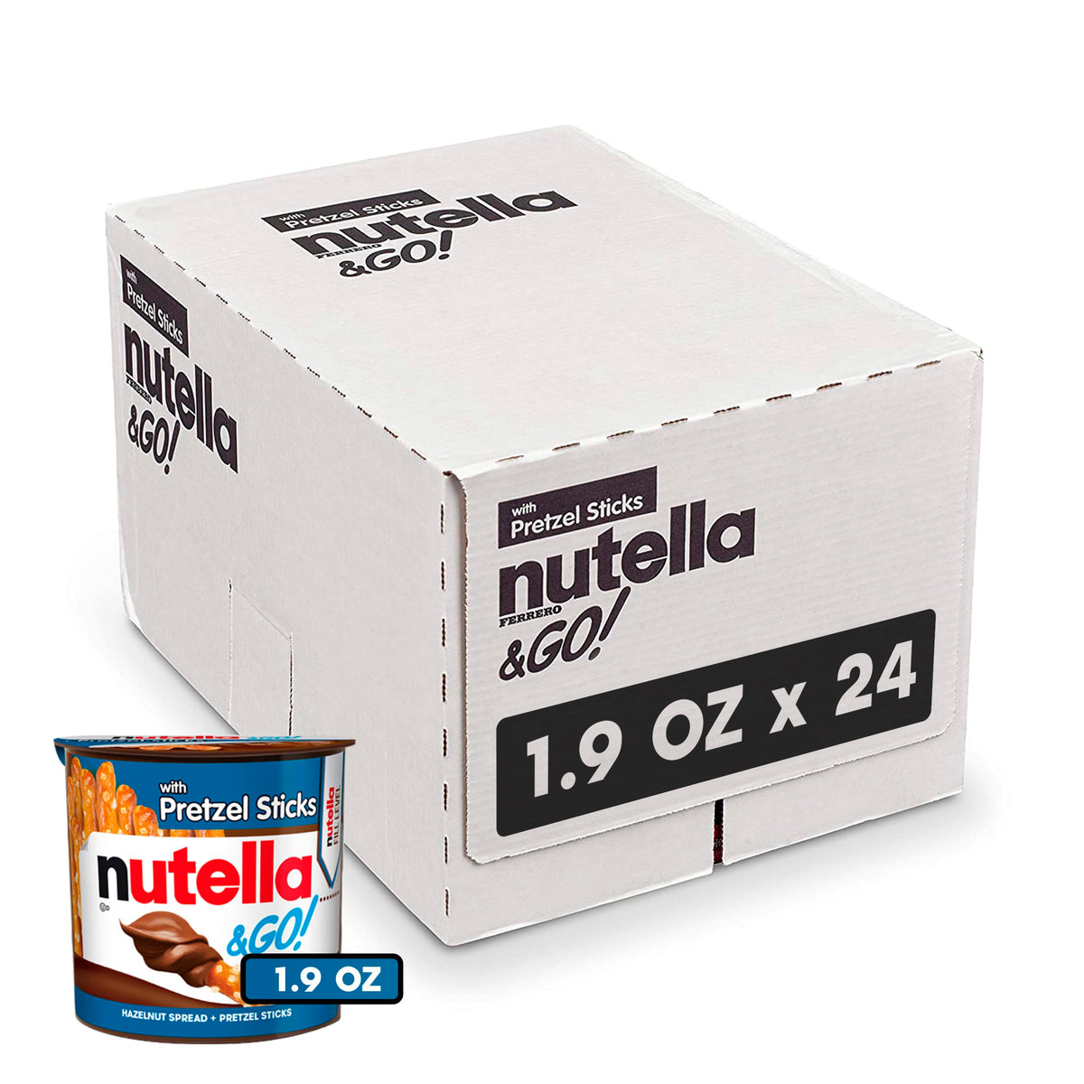 Nutella & GO! creamy hazelnut spread with pretzel sticks for dipping, ideal for on-the-go snacking.