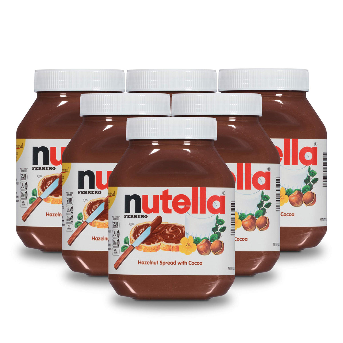 Nutella six-jar pack, front view on kitchen counter for quick breakfasts.