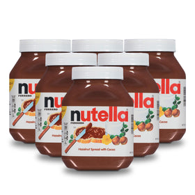 Nutella six-jar pack, front view on kitchen counter for quick breakfasts.