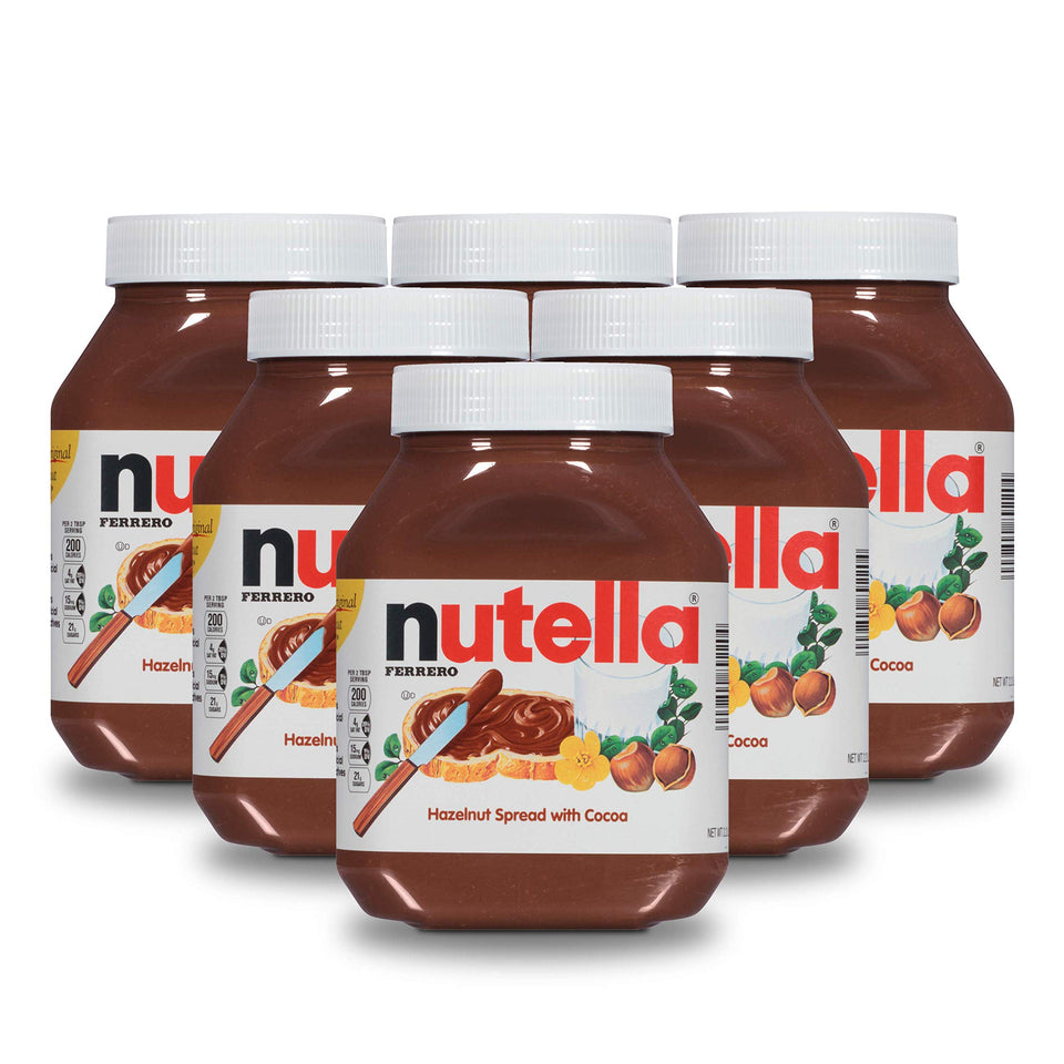 Nutella six-jar pack, front view on kitchen counter for quick breakfasts.