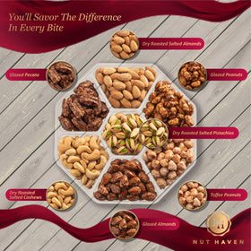 Nut Haven Deluxe Mixed Nuts Assortment close-up reveals Toffee Peanuts and Glazed Almonds—great for gifting.