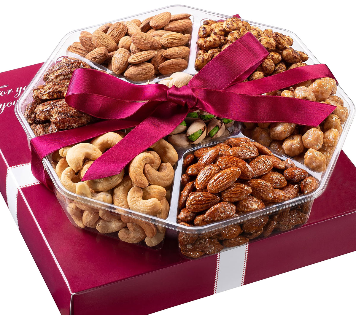Nut Haven Mothers Day Nuts Gift Basket front view highlights elegant packaging and gourmet selection.