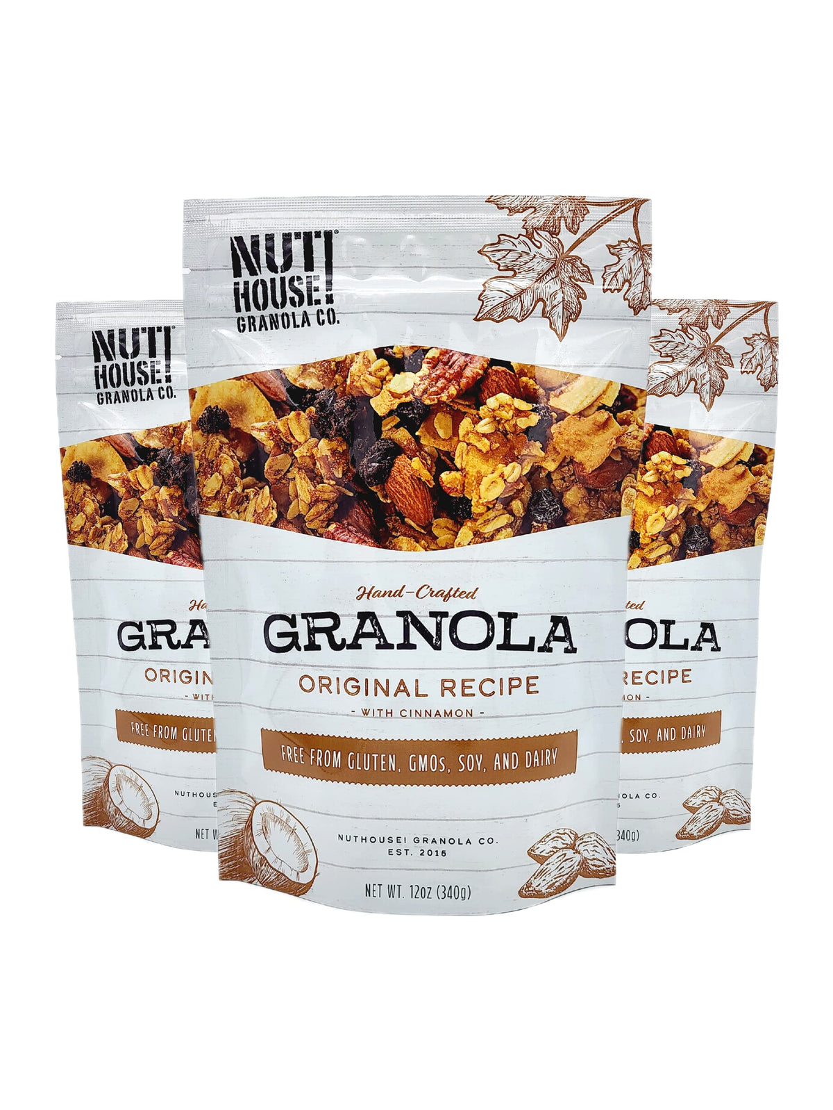 NutHouse! Granola Original Recipe bag close-up shows chunky clusters for a gluten-free breakfast option.