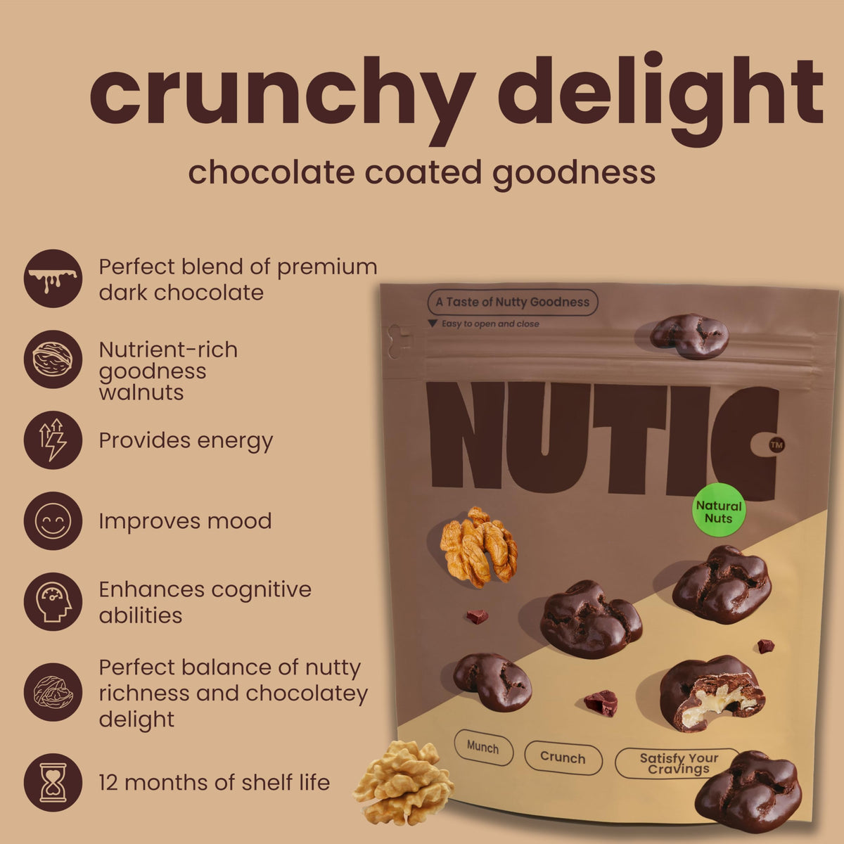 Nutic Dark Chocolate Covered Walnuts close-up, velvety coating over premium walnuts for a rich treat.