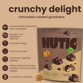 Nutic Dark Chocolate Covered Walnuts close-up, velvety coating over premium walnuts for a rich treat.