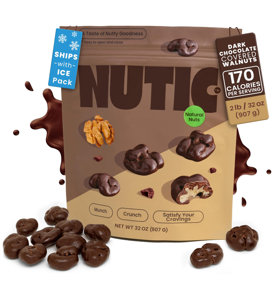 Nutic Dark Chocolate Covered Walnuts pack shot, ideal for gourmet snacking on the go.