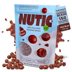 Nutic espresso beans coated in milk chocolate deliver creamy texture and rich coffee flavor.