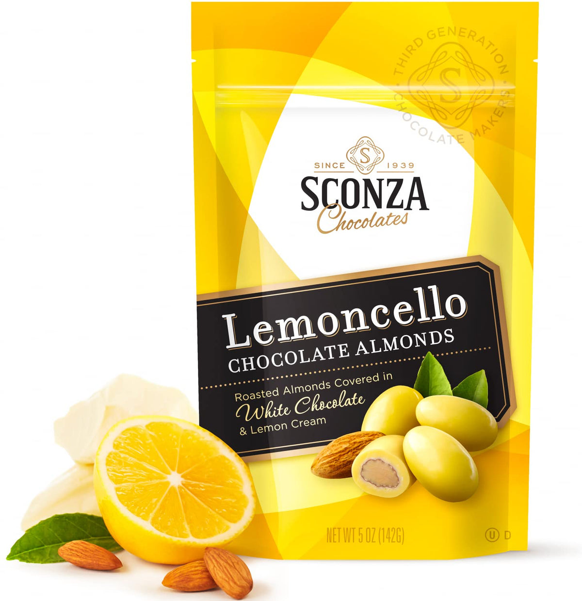 Nutic Lemoncello almonds front view in a gift-ready package.