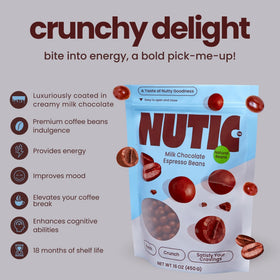 Nutic milk chocolate-coated beans provide an on-the-go energy lift for busy days.
