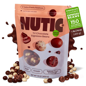 Nutic Tri White Milk Dark Espresso Beans close-up of Belgian chocolate coating