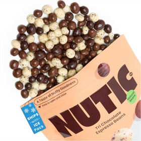 Nutic Tri White Milk Dark Espresso Beans front view in gift-ready packaging