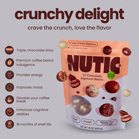 Nutic Tri White Milk Dark Espresso Beans resealable bag opened to reveal beans