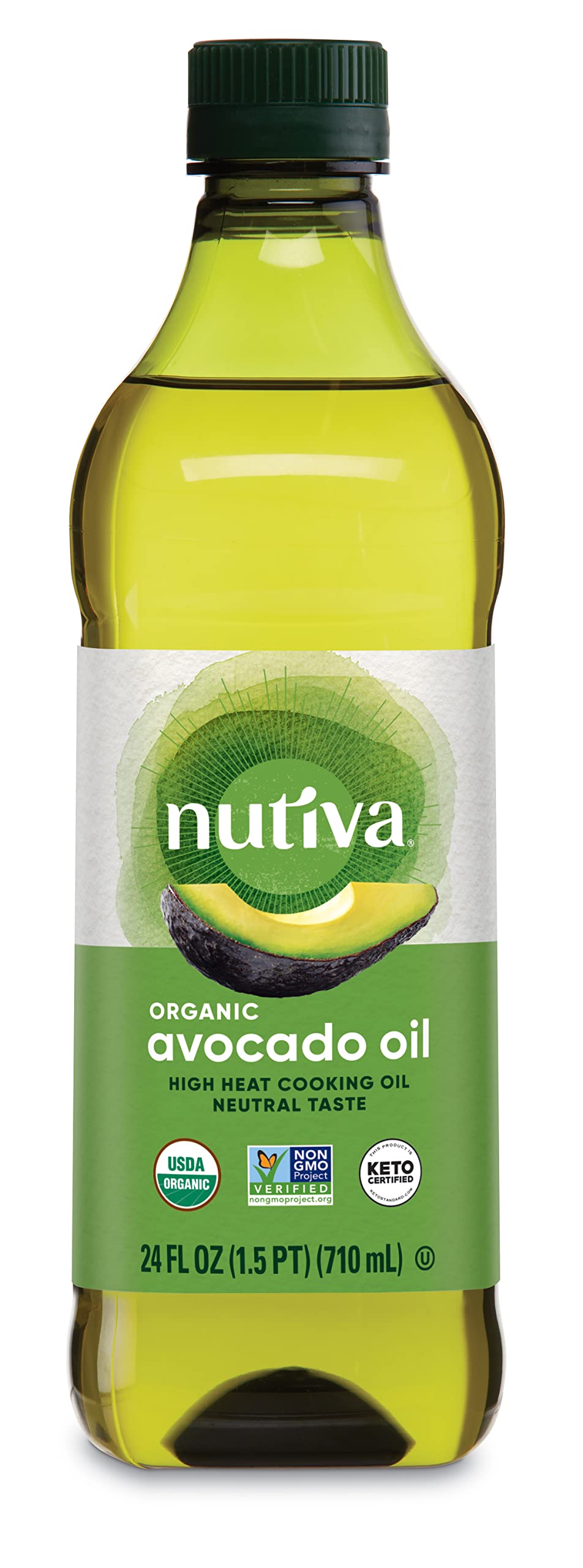 Nutiva avocado oil bottle steam-refined for neutral aroma and high-heat cooking.