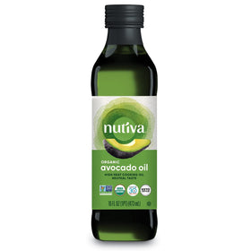 Nutiva avocado oil bottle with neutral flavor for versatile cooking.