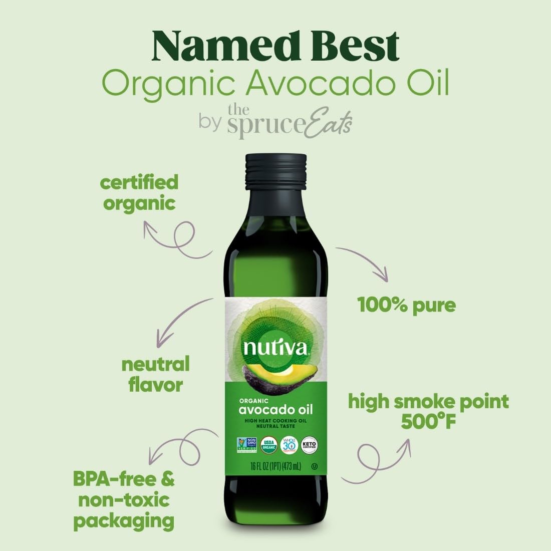 Nutiva avocado oil bottle on stovetop ready for grilling or broiling.