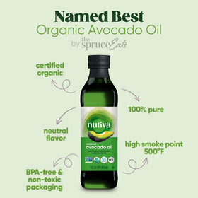 Nutiva avocado oil bottle on stovetop ready for grilling or broiling.