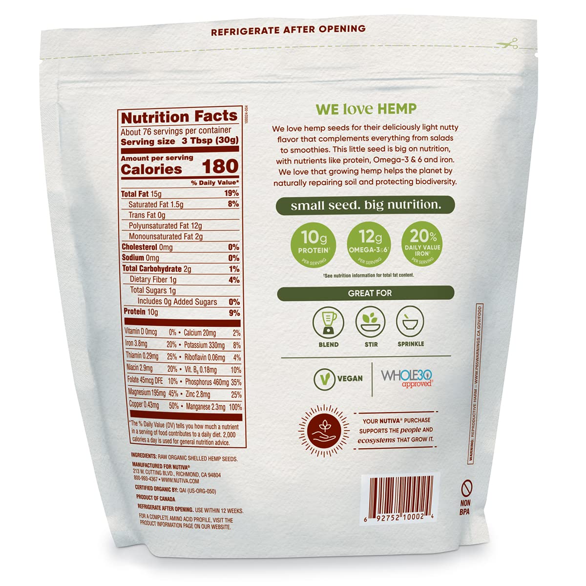 Nutiva packaging featuring BPA-free, resealable design for freshness