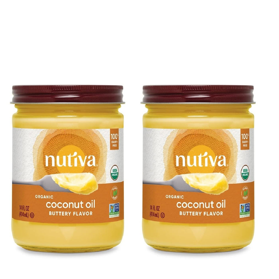 Nutiva coconut oil bottle with butter flavor for popcorn and sautéing.