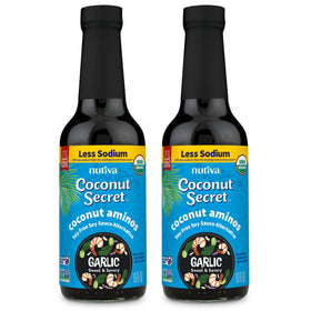 Nutiva Coconut Aminos Garlic Sauce bottle showing soy-free seasoning option