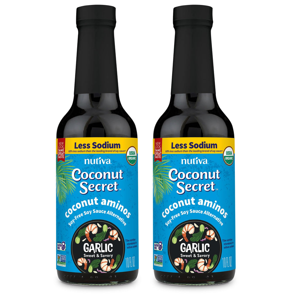 Nutiva Coconut Aminos Garlic Sauce bottle showing soy-free seasoning option