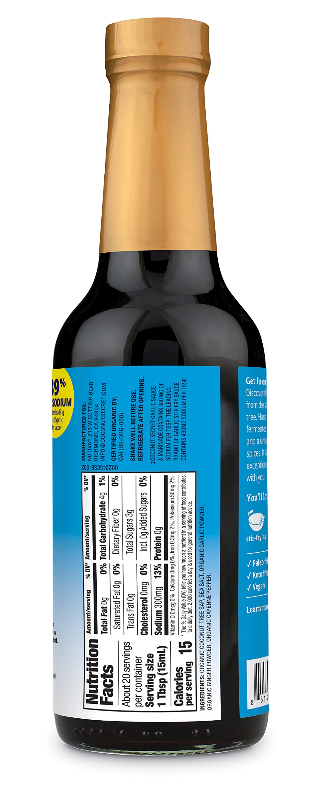 Nutiva Coconut Aminos Garlic Sauce packaging indicating Organic and Non-GMO