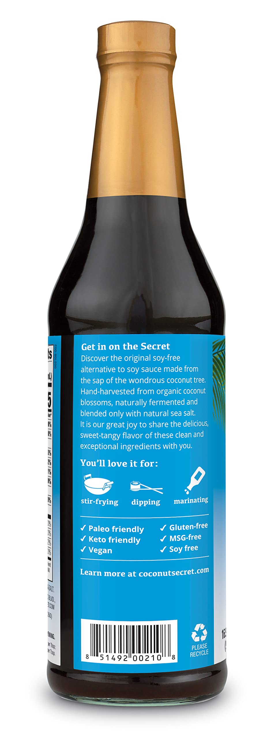 Nutiva Coconut Aminos bottle beside organic certification and eco-friendly branding.