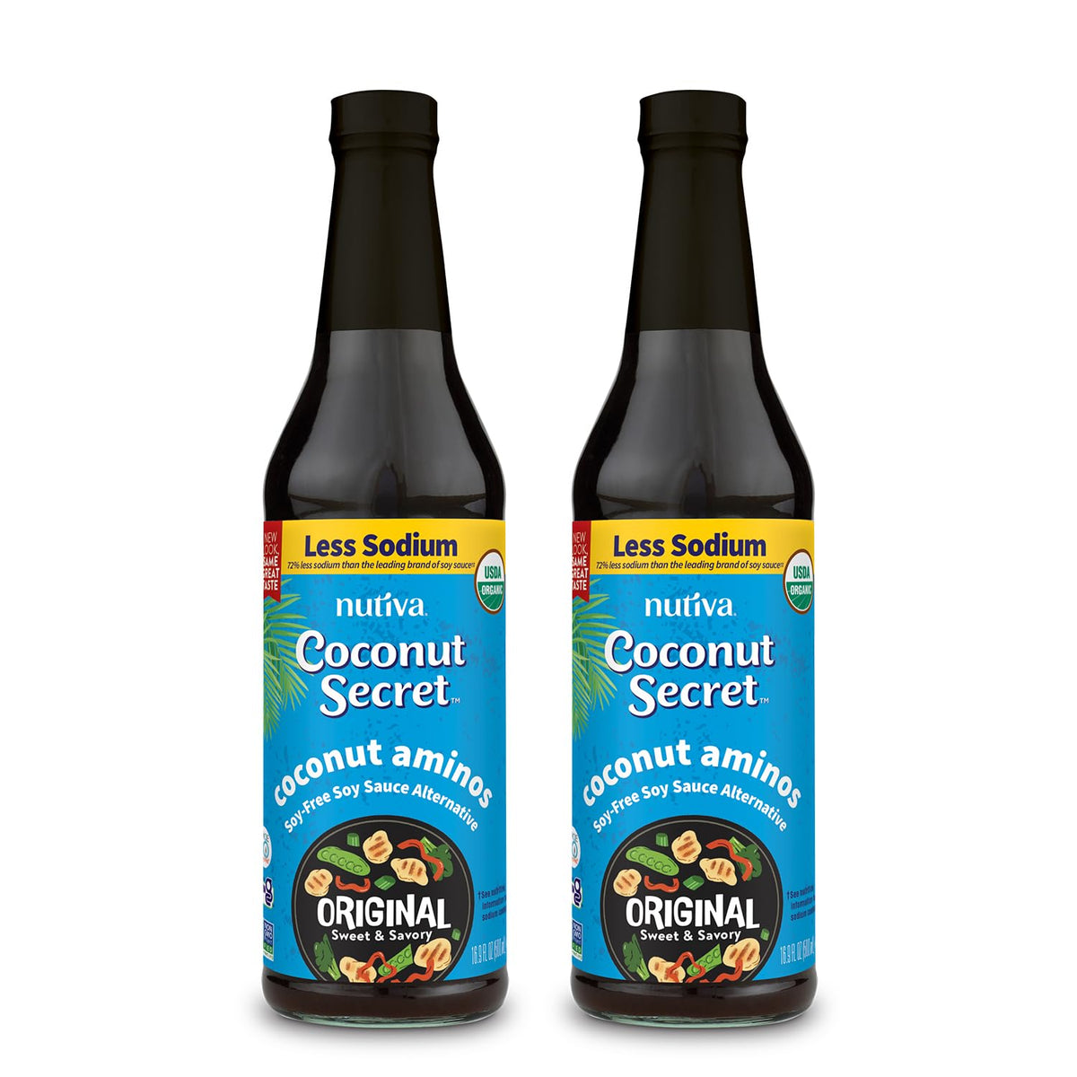 Nutiva Coconut Aminos original bottle, soy sauce substitute for dressings and marinades.