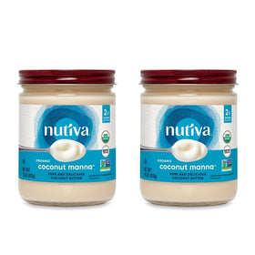 Nutiva Coconut Manna jar close-up, creamy spread for smoothies.
