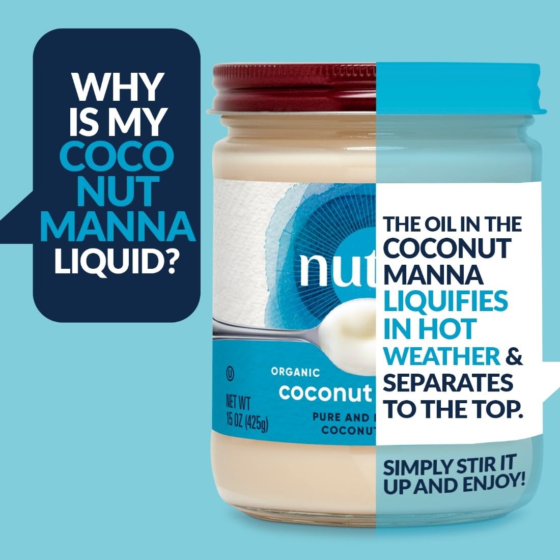 Nutiva Coconut Manna being poured into a smoothie for flavor.