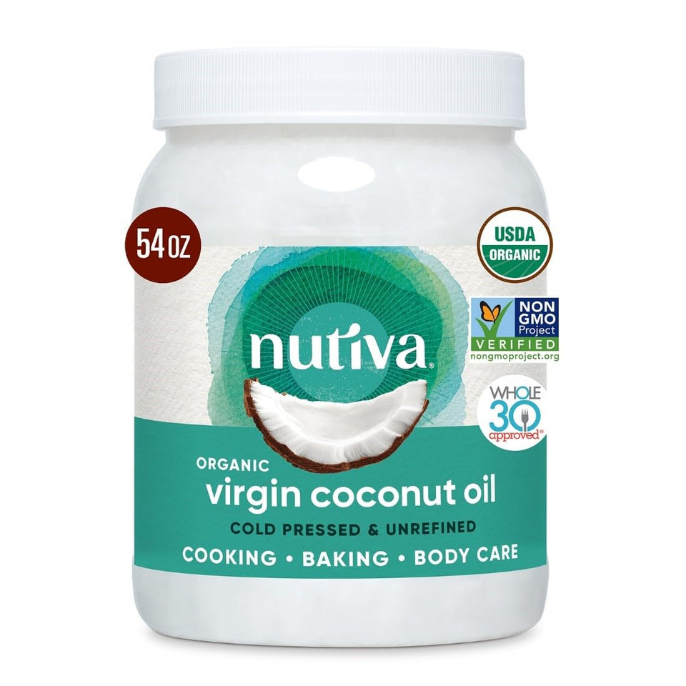 Nutiva coconut oil bottle pour, showcasing versatile cooking use and rich aroma.