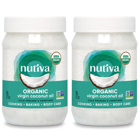 Nutiva coconut oil bottle pour, versatile for cooking and quick melts.