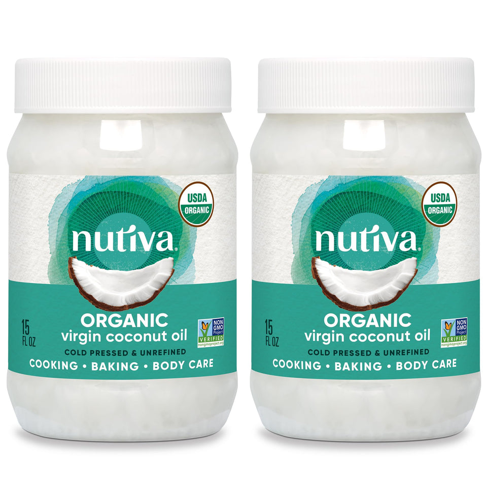 Nutiva coconut oil bottle pour, versatile for cooking and quick melts.